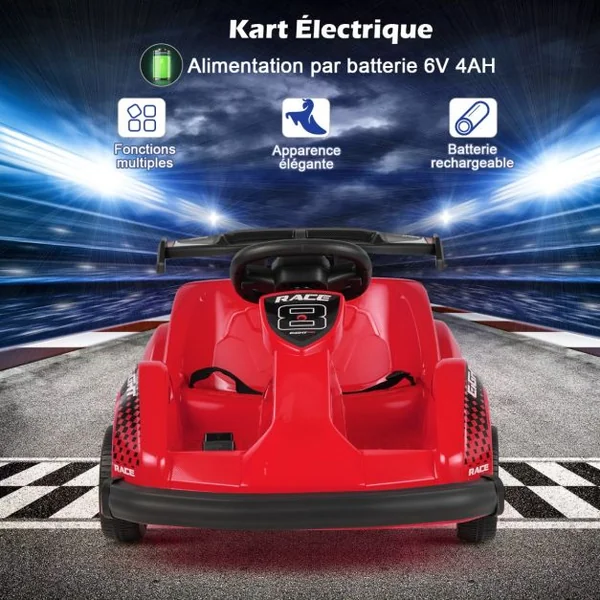 Voiture Électrique Kart pour Enfants 6V/500 mA Télécommande 2,4G - 3 km/h Effets Sonores et Musique 3-8 Ans Rouge