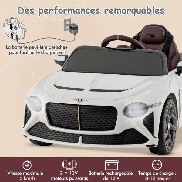 Voiture Électrique Sous Licence Bentley Bacalar Véhicule pour Enfants Alimenté Par Batterie avec Télécommande Portes en Ciseaux Suspension Lumières Led Blanc