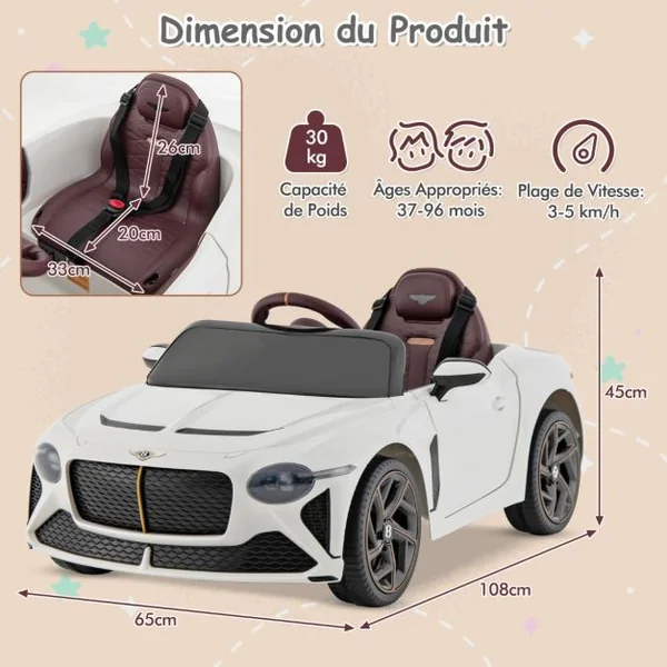 Voiture Électrique Sous Licence Bentley Bacalar Véhicule pour Enfants Alimenté Par Batterie avec Télécommande Portes en Ciseaux Suspension Lumières Led Blanc