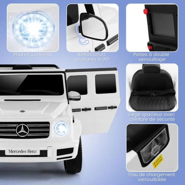 Voiture Électrique Sous Licence Mercedes-benz G500 pour Enfants Batterie 12v Télécommande 3 Vitesses Klaxon Musique Lumières Led pour +3 Ans Blanc