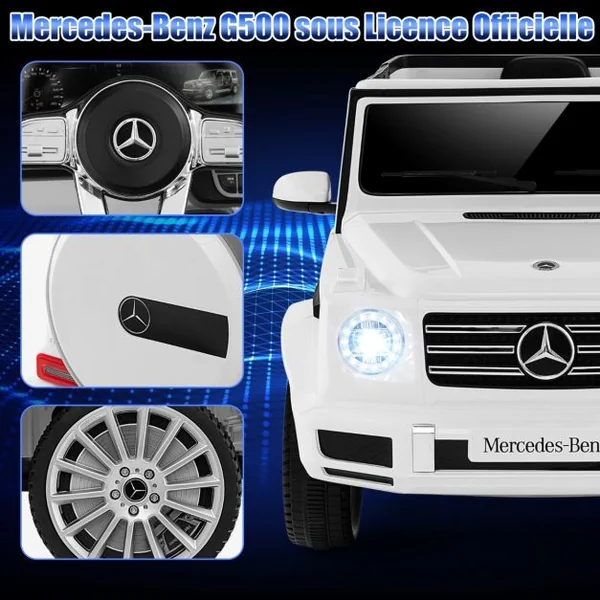 Voiture Électrique Sous Licence Mercedes-benz G500 pour Enfants Batterie 12v Télécommande 3 Vitesses Klaxon Musique Lumières Led pour +3 Ans Blanc