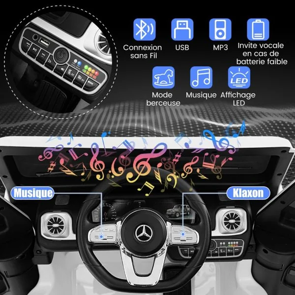 Voiture Électrique Sous Licence Mercedes-benz G500 pour Enfants Batterie 12v Télécommande 3 Vitesses Klaxon Musique Lumières Led pour +3 Ans Blanc