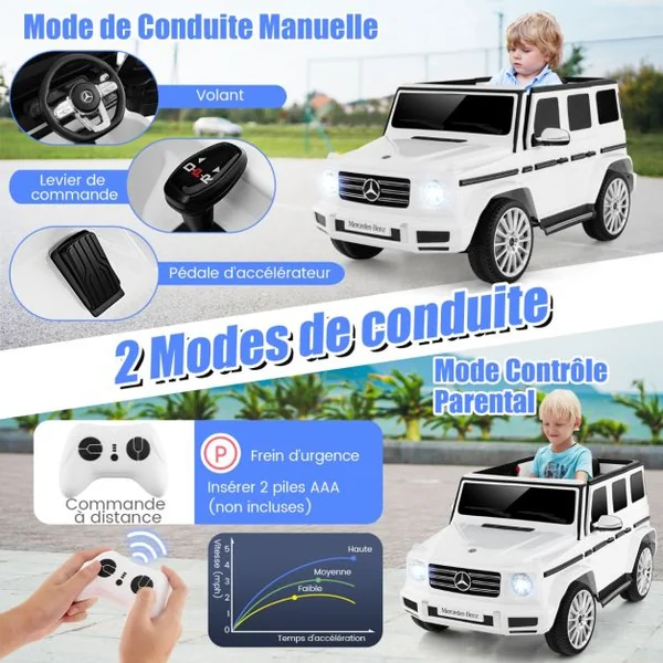 Voiture Électrique Sous Licence Mercedes-benz G500 pour Enfants Batterie 12v Télécommande 3 Vitesses Klaxon Musique Lumières Led pour +3 Ans Blanc