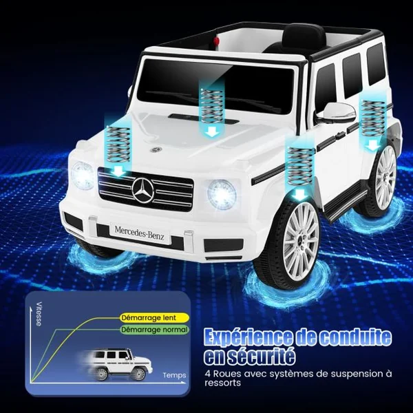 Voiture Électrique Sous Licence Mercedes-benz G500 pour Enfants Batterie 12v Télécommande 3 Vitesses Klaxon Musique Lumières Led pour +3 Ans Blanc