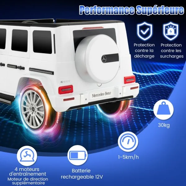 Voiture Électrique Sous Licence Mercedes-benz G500 pour Enfants Batterie 12v Télécommande 3 Vitesses Klaxon Musique Lumières Led pour +3 Ans Blanc