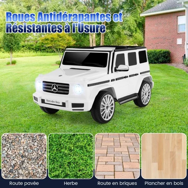 Voiture Électrique Sous Licence Mercedes-benz G500 pour Enfants Batterie 12v Télécommande 3 Vitesses Klaxon Musique Lumières Led pour +3 Ans Blanc