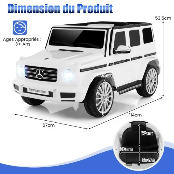 Voiture Électrique Sous Licence Mercedes-benz G500 pour Enfants Batterie 12v Télécommande 3 Vitesses Klaxon Musique Lumières Led pour +3 Ans Blanc