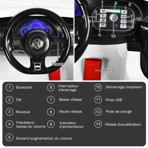 Volkswagen Beetle Voiture Électrique 12V/4,5 Ah pour Enfants 3-8 Ans Télécommande 2.4G LED USB Radio Klaxon Blanc/Rose/Rouge