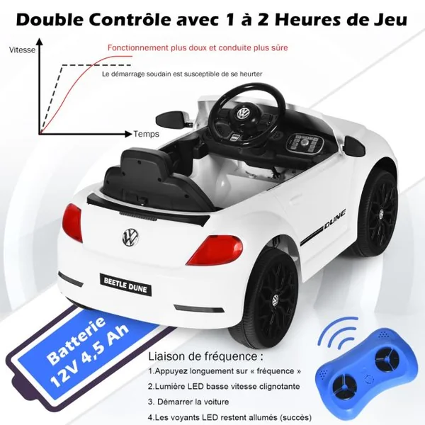 Volkswagen Beetle Voiture Électrique 12V/4,5 Ah pour Enfants 3-8 Ans Télécommande 2.4G LED USB Radio Klaxon Blanc/Rose/Rouge