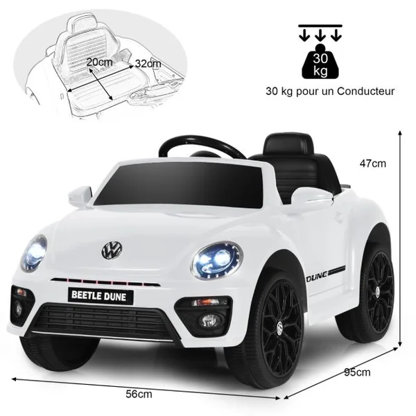 Volkswagen Beetle Voiture Électrique 12V/4,5 Ah pour Enfants 3-8 Ans Télécommande 2.4G LED USB Radio Klaxon Blanc/Rose/Rouge