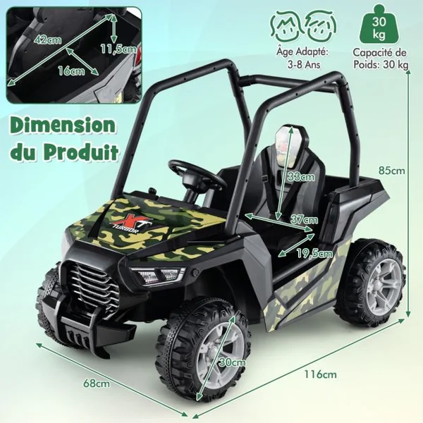 Véhicule Buggy 24 V pour Enfants de 3 à 8 Ans Télécommande 3 Vitesses 2 Suspensions à Ressort Démarrage Lent Harnais à 3 Points Rouge/Gris