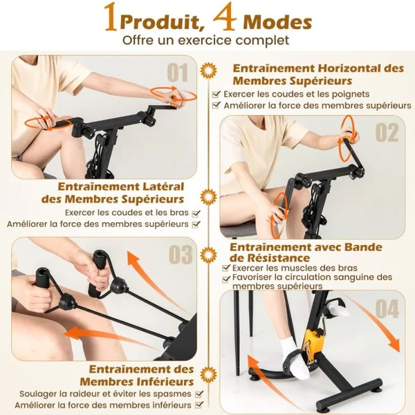 Vélo D'appartement à Pédales Pliable Résistance Réglable avec Fonction D'étirement Entraînement du Membre Supérieur et Coordination Hauteur 73-102CM