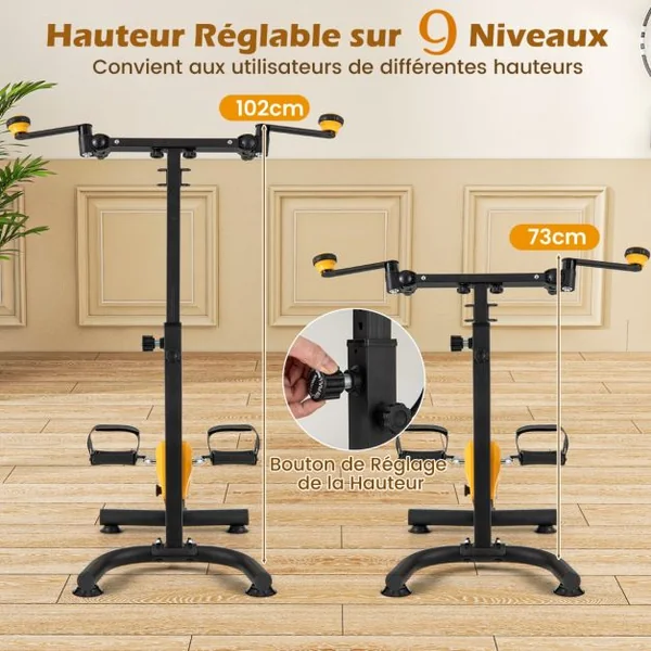 Vélo D'appartement à Pédales Pliable Résistance Réglable avec Fonction D'étirement Entraînement du Membre Supérieur et Coordination Hauteur 73-102CM