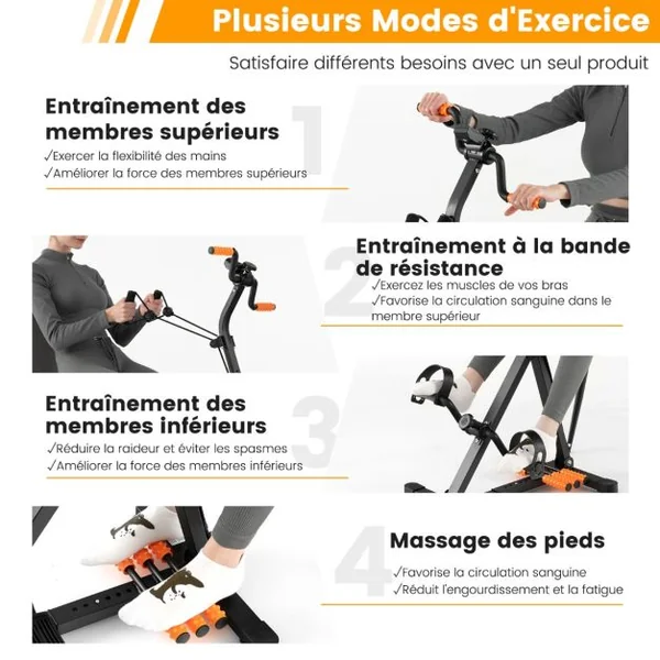 Vélo D'appartement à Pédales Résistance Réglable avec Massage Affichage du Temps Décompte Calories et Distance Exercice des Jambes et Bras 4 Hauteurs
