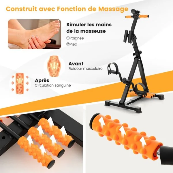 Vélo D'appartement à Pédales Résistance Réglable avec Massage Affichage du Temps Décompte Calories et Distance Exercice des Jambes et Bras 4 Hauteurs