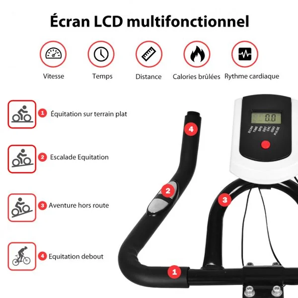 Vélo d'Exercice Intérieur avec Volant d'Inertie 8 KG Silencieux Bouilloire Porte-gobelet Ecran LCD Selle et Huidon Réglables