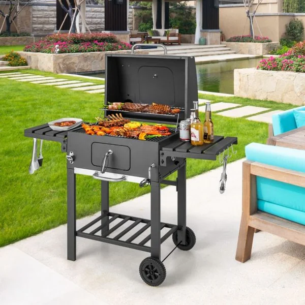 XXL Barbecue à Charbon de Bois Portable avec 2 Tables d'Appoint 128 x 54 x 117 cm Noir