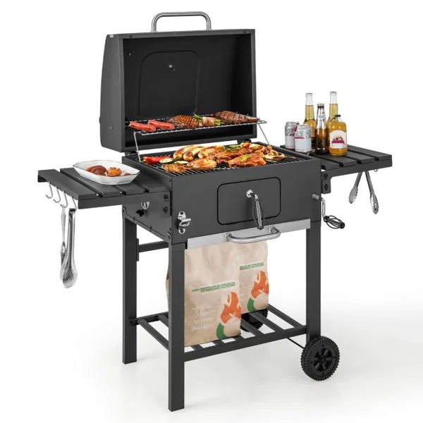 XXL Barbecue à Charbon de Bois Portable avec 2 Tables d'Appoint 128 x 54 x 117 cm Noir