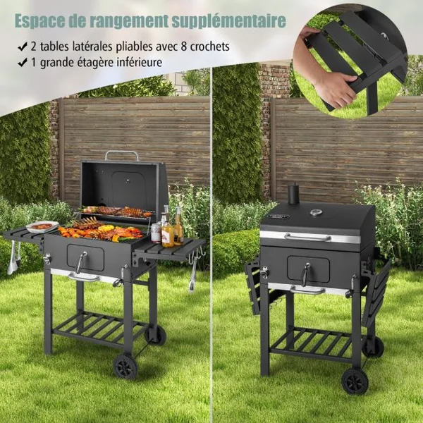 XXL Barbecue à Charbon de Bois Portable avec 2 Tables d'Appoint 128 x 54 x 117 cm Noir