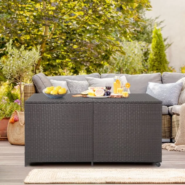 XXXL Coffre de Rangement Jardin à Roulettes 662L en Rotin PE Anti-UV Cadre en Métal avec 2 Etagères 150 x 77 x 73 CM Marron