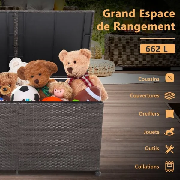 XXXL Coffre de Rangement Jardin à Roulettes 662L en Rotin PE Anti-UV Cadre en Métal avec 2 Etagères 150 x 77 x 73 CM Marron