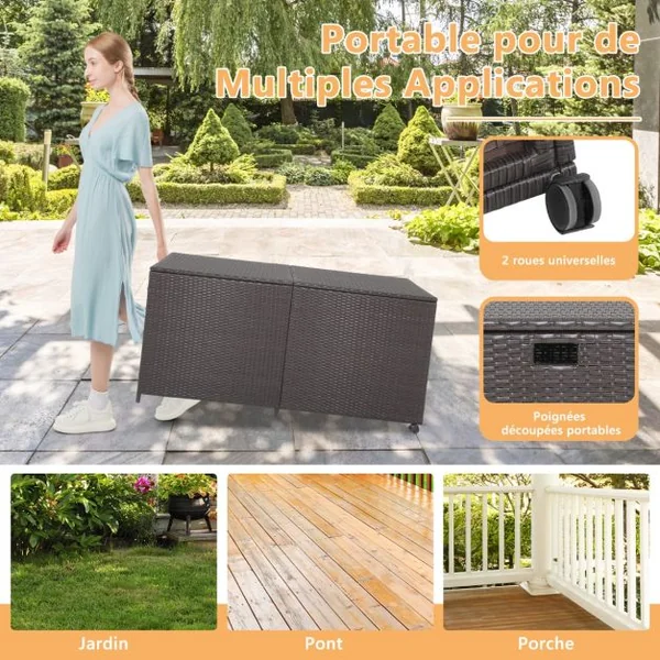 XXXL Coffre de Rangement Jardin à Roulettes 662L en Rotin PE Anti-UV Cadre en Métal avec 2 Etagères 150 x 77 x 73 CM Marron