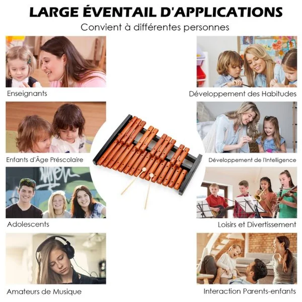 Xylophone 25 Notes Glockenspiel Éducatif en Bois avec 2 Maillets et Sac de Transport pour Enfants/Adulte Marron et Noir