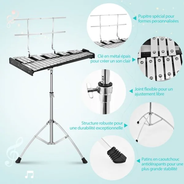 Xylophone 32 Notes Instrument de Percussion Pliable Support Réglable Pupitre Pad d'Entraînement de 20 cm Maillets de Cloche Baguettes en Bois Sac