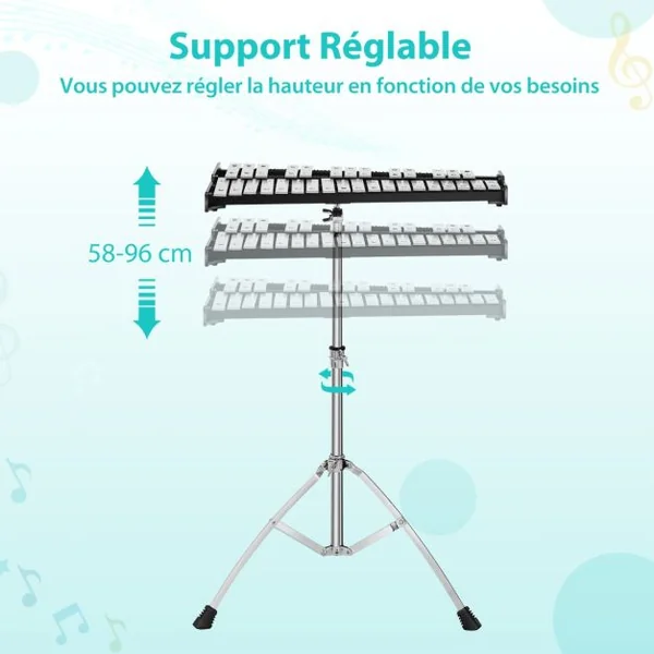 Xylophone 32 Notes Instrument de Percussion Pliable Support Réglable Pupitre Pad d'Entraînement de 20 cm Maillets de Cloche Baguettes en Bois Sac
