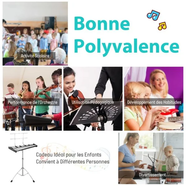 Xylophone 32 Notes Instrument de Percussion Pliable Support Réglable Pupitre Pad d'Entraînement de 20 cm Maillets de Cloche Baguettes en Bois Sac