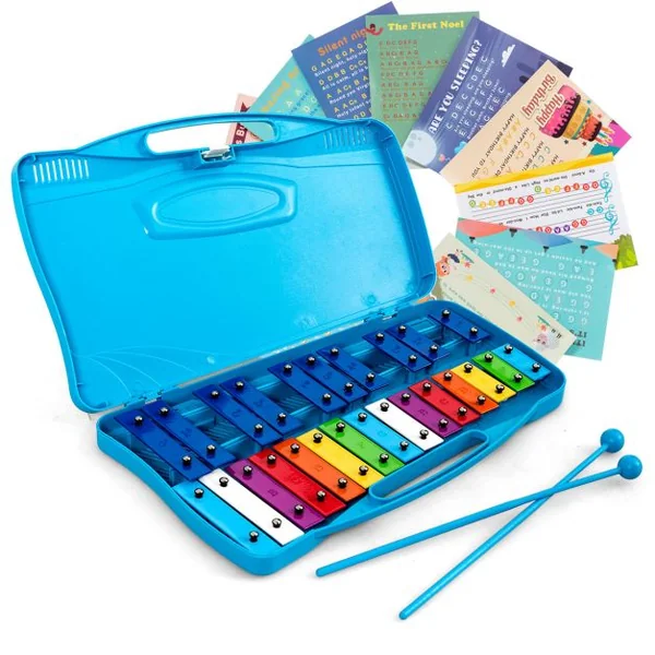Xylophone pour Enfants 25 Notes avec 2 Baguettes en Plastique 12 Partitions de l'Alphabet Boîtier Portable Bleu pour Apprentissage Scolaire