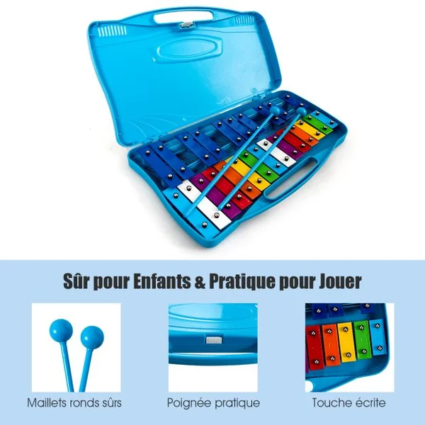 Xylophone pour Enfants 25 Notes avec 2 Baguettes en Plastique 12 Partitions de l'Alphabet Boîtier Portable Bleu pour Apprentissage Scolaire