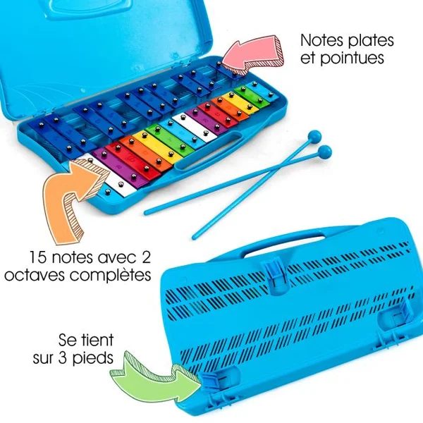 Xylophone pour Enfants 25 Notes avec 2 Baguettes en Plastique 12 Partitions de l'Alphabet Boîtier Portable Bleu pour Apprentissage Scolaire