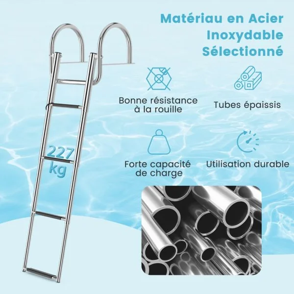 Échelle de Piscine Pliable en Acier Inoxydable 4 Marches Charge 227KG Patins Antidérapants Ponton bateau Quai Yacht