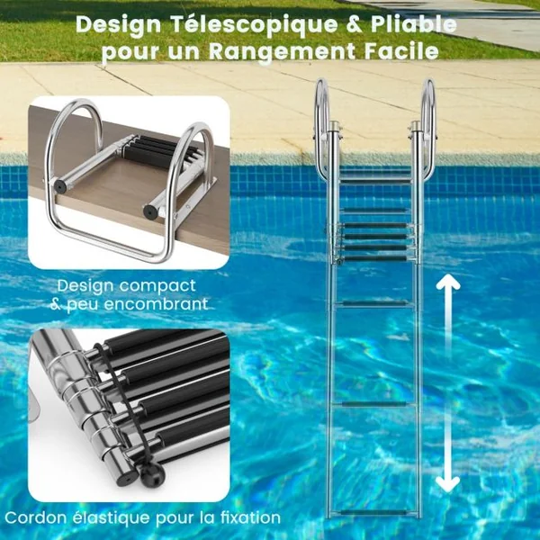 Échelle de Piscine Pliable en Acier Inoxydable 4 Marches Charge 227KG Patins Antidérapants Ponton bateau Quai Yacht