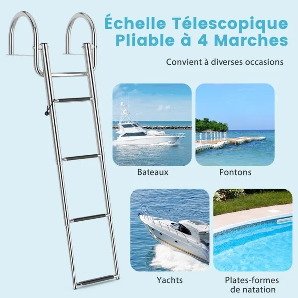 Échelle de Piscine Pliable en Acier Inoxydable 4 Marches Charge 227KG Patins Antidérapants Ponton bateau Quai Yacht