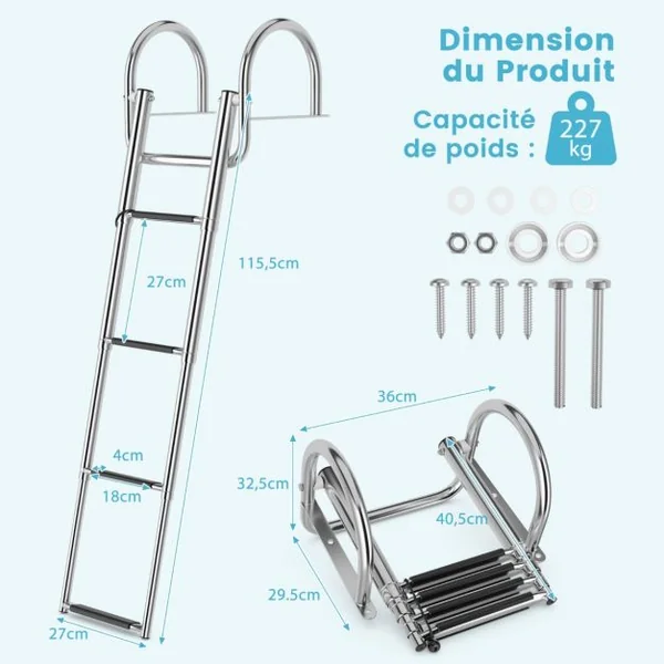 Échelle de Piscine Pliable en Acier Inoxydable 4 Marches Charge 227KG Patins Antidérapants Ponton bateau Quai Yacht