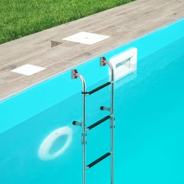 Échelle de Piscine Pliable en Acier Inoxydable 4 Marches Clips en Plastique Adaptateur de Sol Ponton Bateaux Quai Yacht