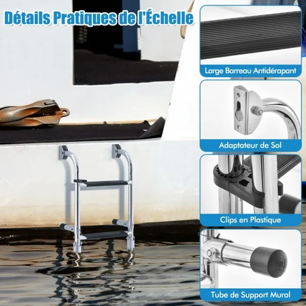 Échelle de Piscine Pliable en Acier Inoxydable 4 Marches Clips en Plastique Adaptateur de Sol Ponton Bateaux Quai Yacht