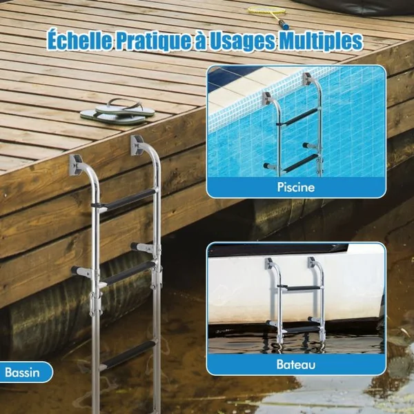 Échelle de Piscine Pliable en Acier Inoxydable 4 Marches Clips en Plastique Adaptateur de Sol Ponton Bateaux Quai Yacht