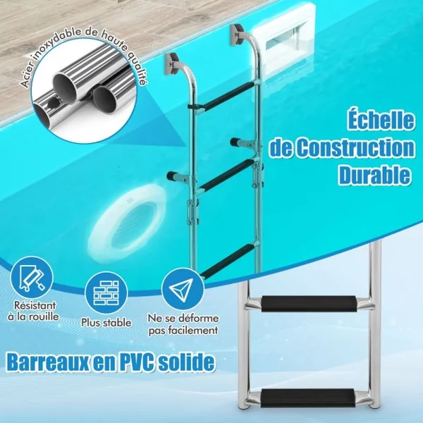 Échelle de Piscine Pliable en Acier Inoxydable 4 Marches Clips en Plastique Adaptateur de Sol Ponton Bateaux Quai Yacht