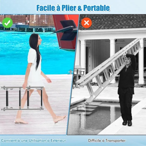 Échelle de Piscine Pliable en Acier Inoxydable 4 Marches Clips en Plastique Adaptateur de Sol Ponton Bateaux Quai Yacht
