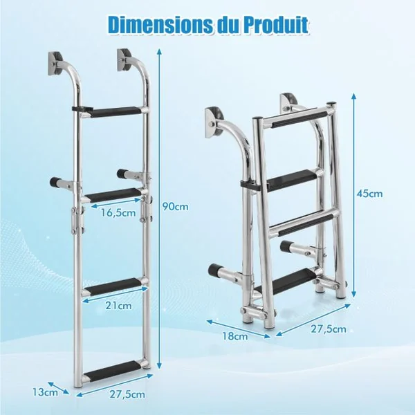 Échelle de Piscine Pliable en Acier Inoxydable 4 Marches Clips en Plastique Adaptateur de Sol Ponton Bateaux Quai Yacht