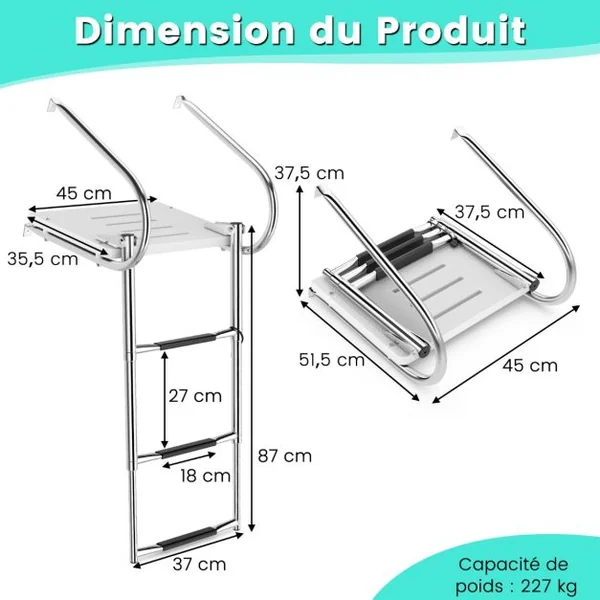 Échelle de Piscine Pliable Télescopique Acier Inoxydable 3 Marches Charge 227KG 2 Mains Courantes Ponton Bateaux Yacht