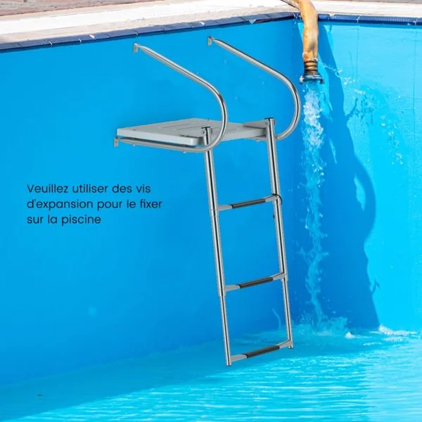 Échelle de Piscine Pliable Télescopique Acier Inoxydable 3 Marches Charge 227KG 2 Mains Courantes Ponton Bateaux Yacht