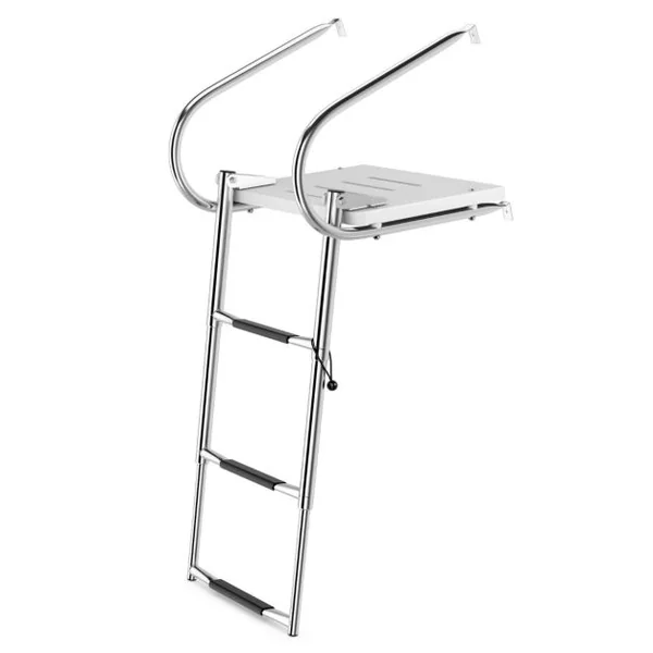 Échelle de Piscine Pliable Télescopique Acier Inoxydable 3 Marches Charge 227KG 2 Mains Courantes Ponton Bateaux Yacht