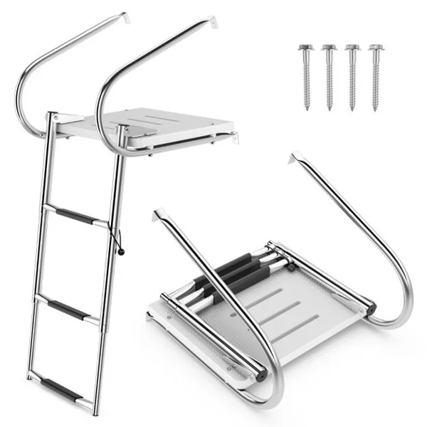 Échelle de Piscine Pliable Télescopique Acier Inoxydable 3 Marches Charge 227KG 2 Mains Courantes Ponton Bateaux Yacht