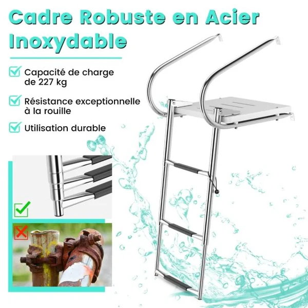 Échelle de Piscine Pliable Télescopique Acier Inoxydable 3 Marches Charge 227KG 2 Mains Courantes Ponton Bateaux Yacht