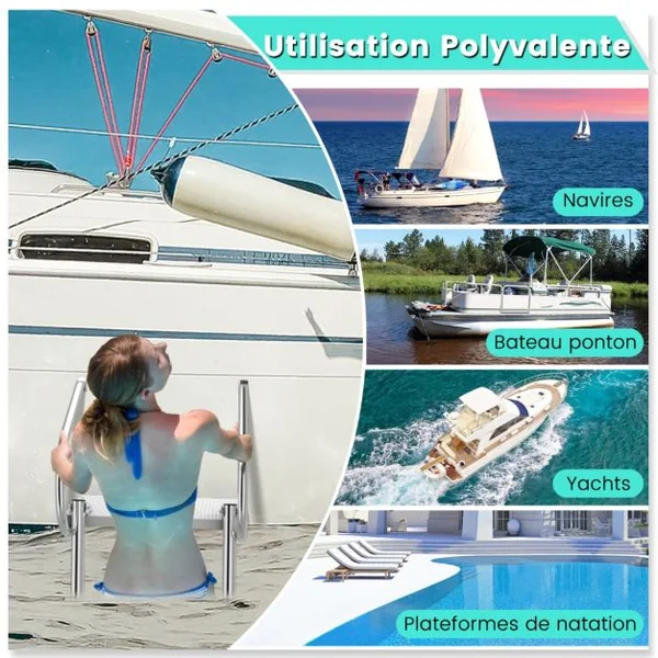 Échelle de Piscine Pliable Télescopique Acier Inoxydable 3 Marches Charge 227KG 2 Mains Courantes Ponton Bateaux Yacht