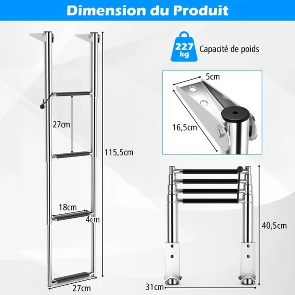 Échelle de Piscine Pliable Télescopique Acier Inoxydable 4 Marches Charge 227KG Patins Antidérapants Ponton Quai Yacht